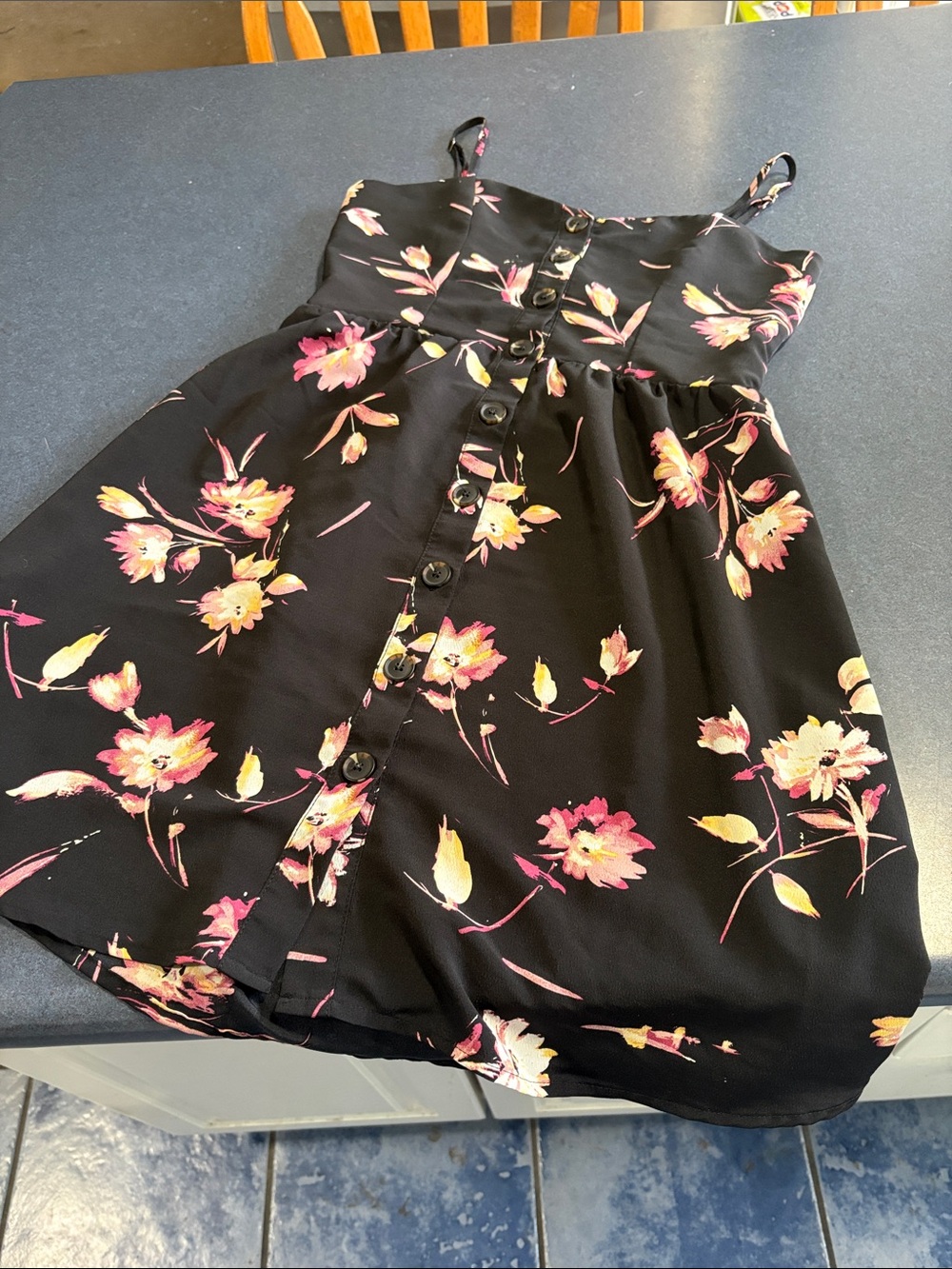 Active USA Black Floral Button-Front Sundress with Pink & Yellow Blooms